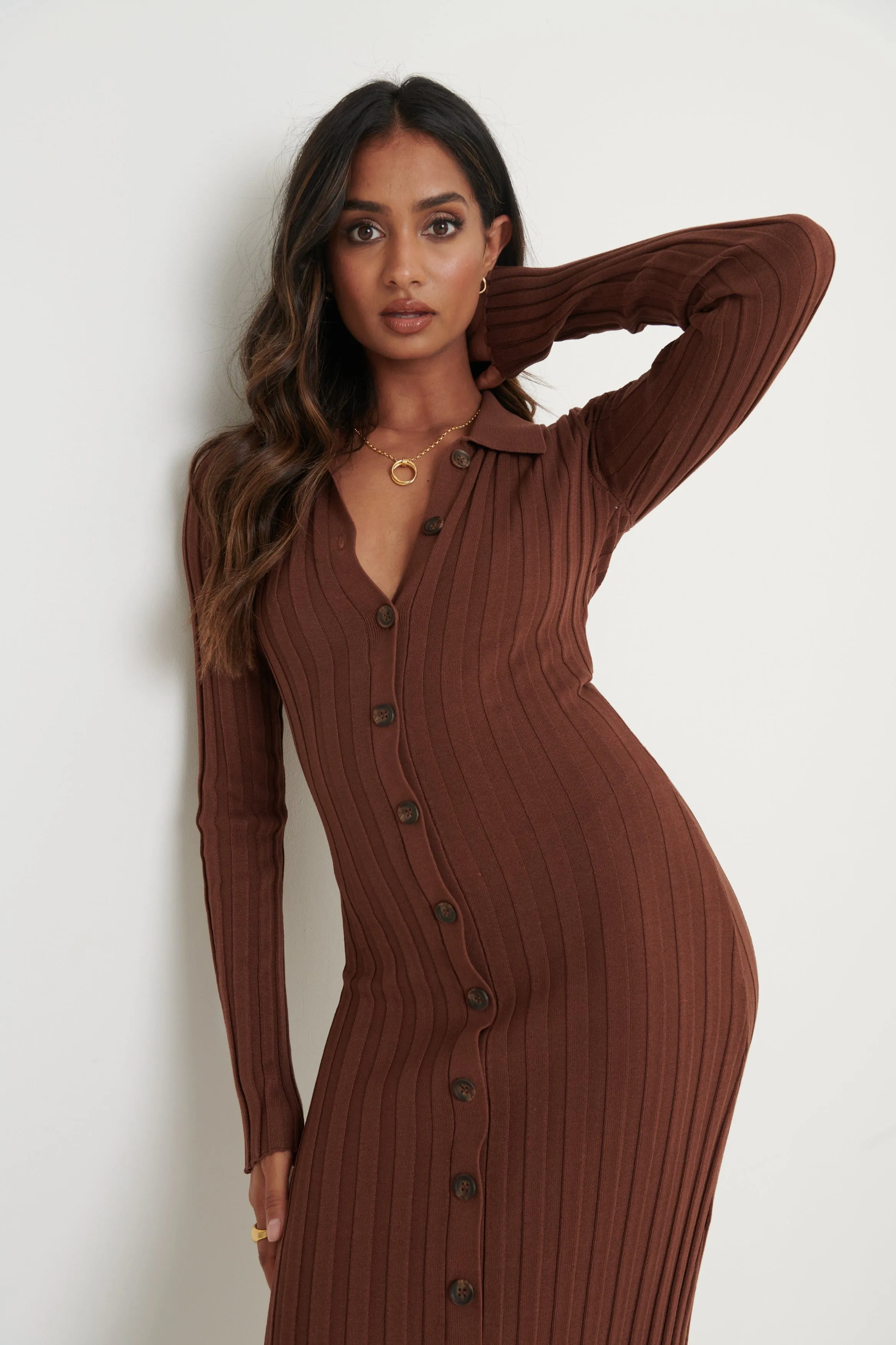 Micah Ribbed Midaxi Knit Dress - Brown