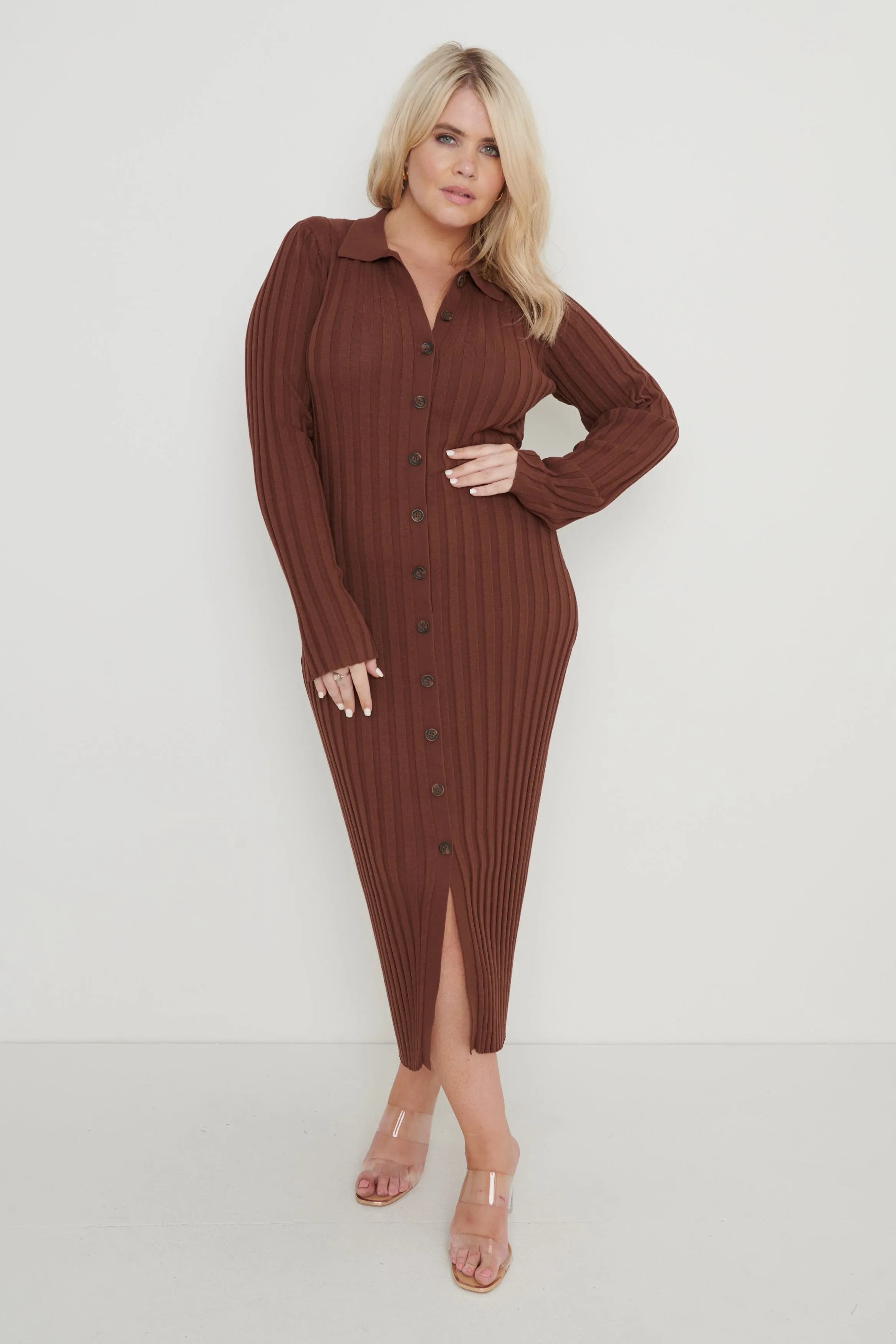 Micah Ribbed Midaxi Knit Dress - Brown
