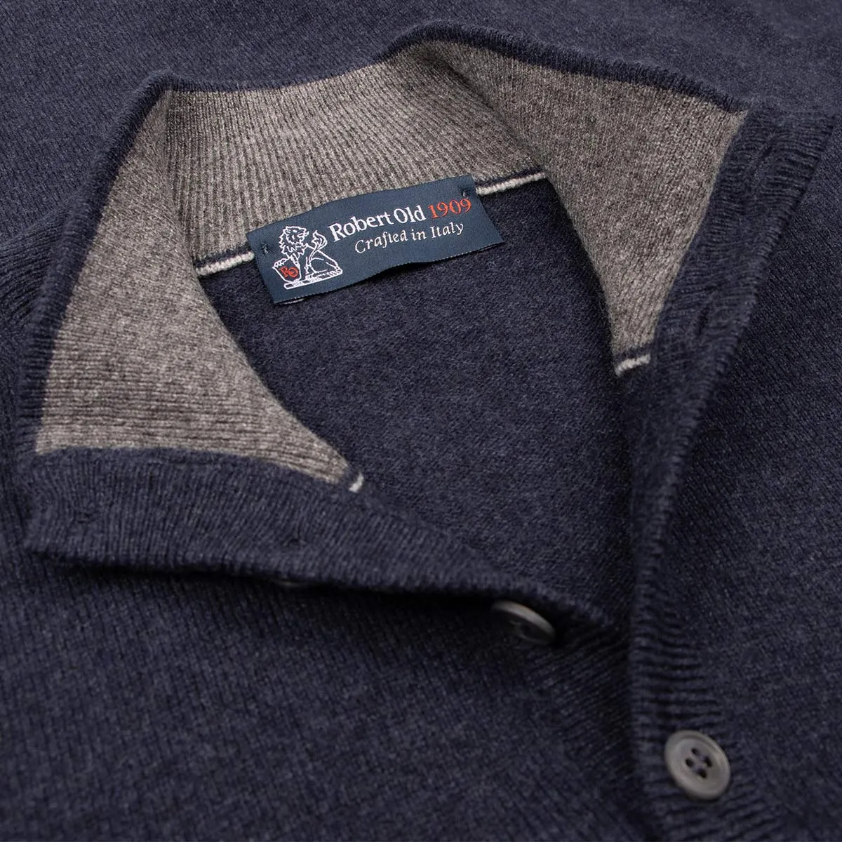 Navy Button Neck Wool & Cashmere Sweater