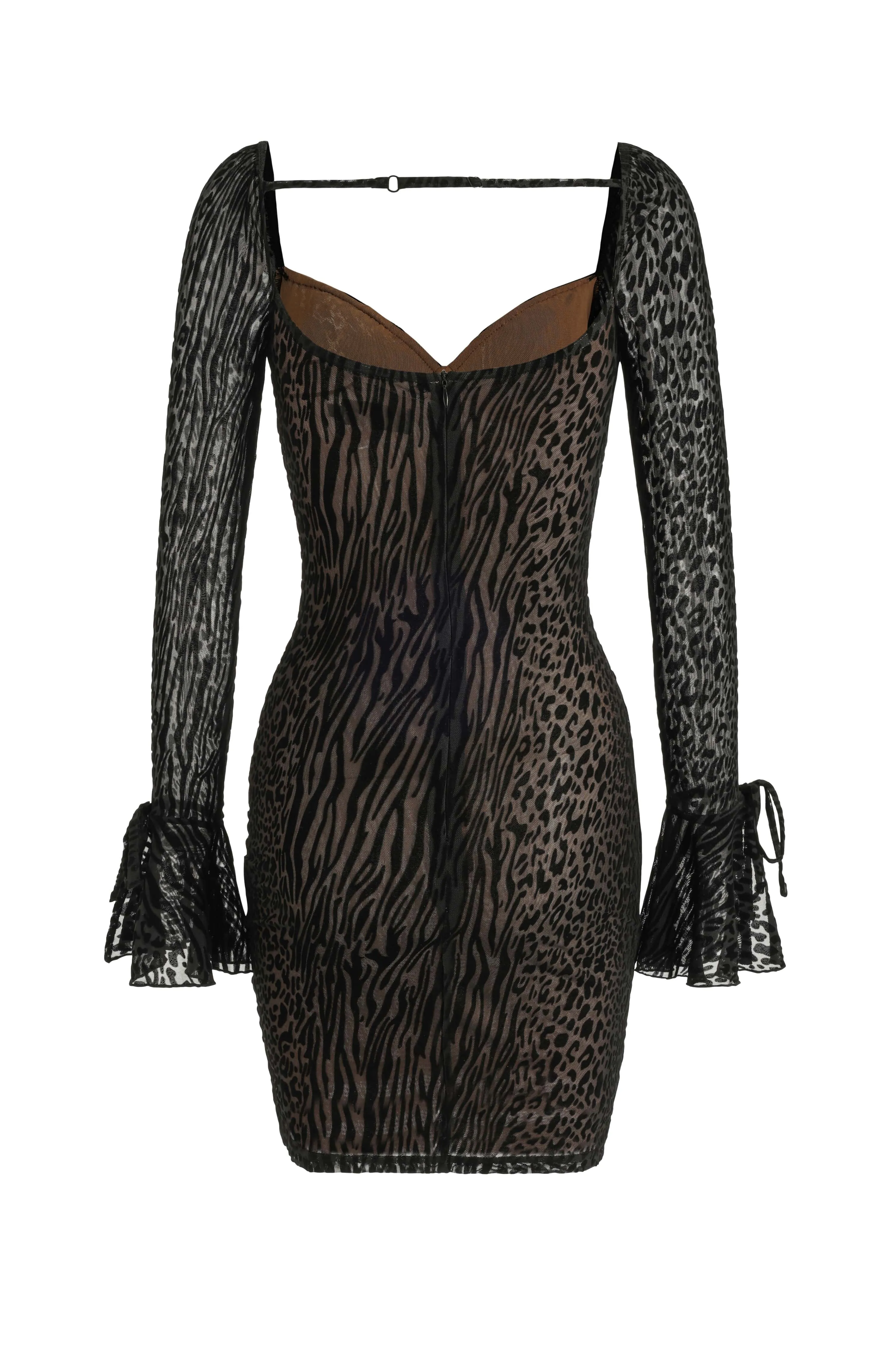 Patterned Velvet on Mesh Long-Sleeved Mini Dress in Black