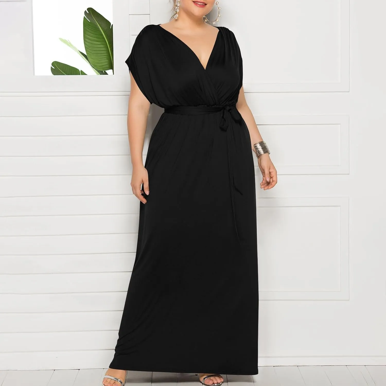 Plus Size Dress for Curvy Women Bridesmaid Long Evening Maxi Wrap Dress 2025 Wedding Guest Maxi Dresses with Belt