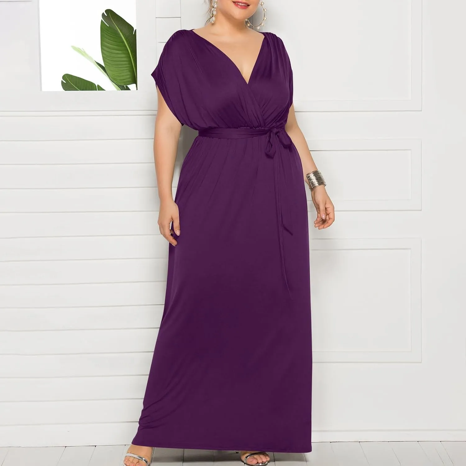 Plus Size Dress for Curvy Women Bridesmaid Long Evening Maxi Wrap Dress 2025 Wedding Guest Maxi Dresses with Belt