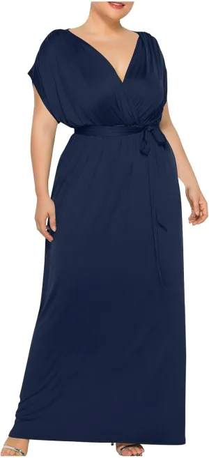 Plus Size Dress for Curvy Women Bridesmaid Long Evening Maxi Wrap Dress 2025 Wedding Guest Maxi Dresses with Belt