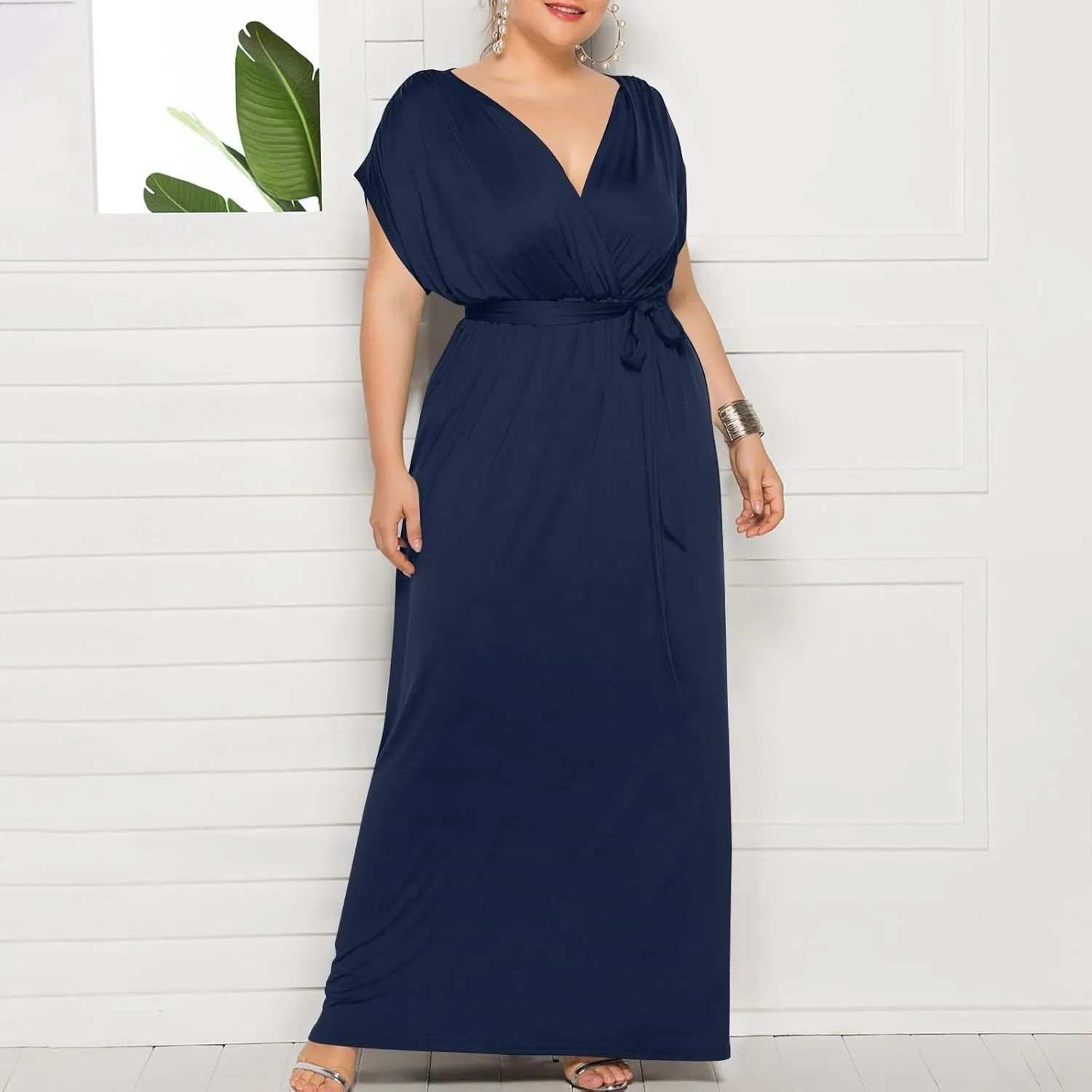 Plus Size Dress for Curvy Women Bridesmaid Long Evening Maxi Wrap Dress 2025 Wedding Guest Maxi Dresses with Belt