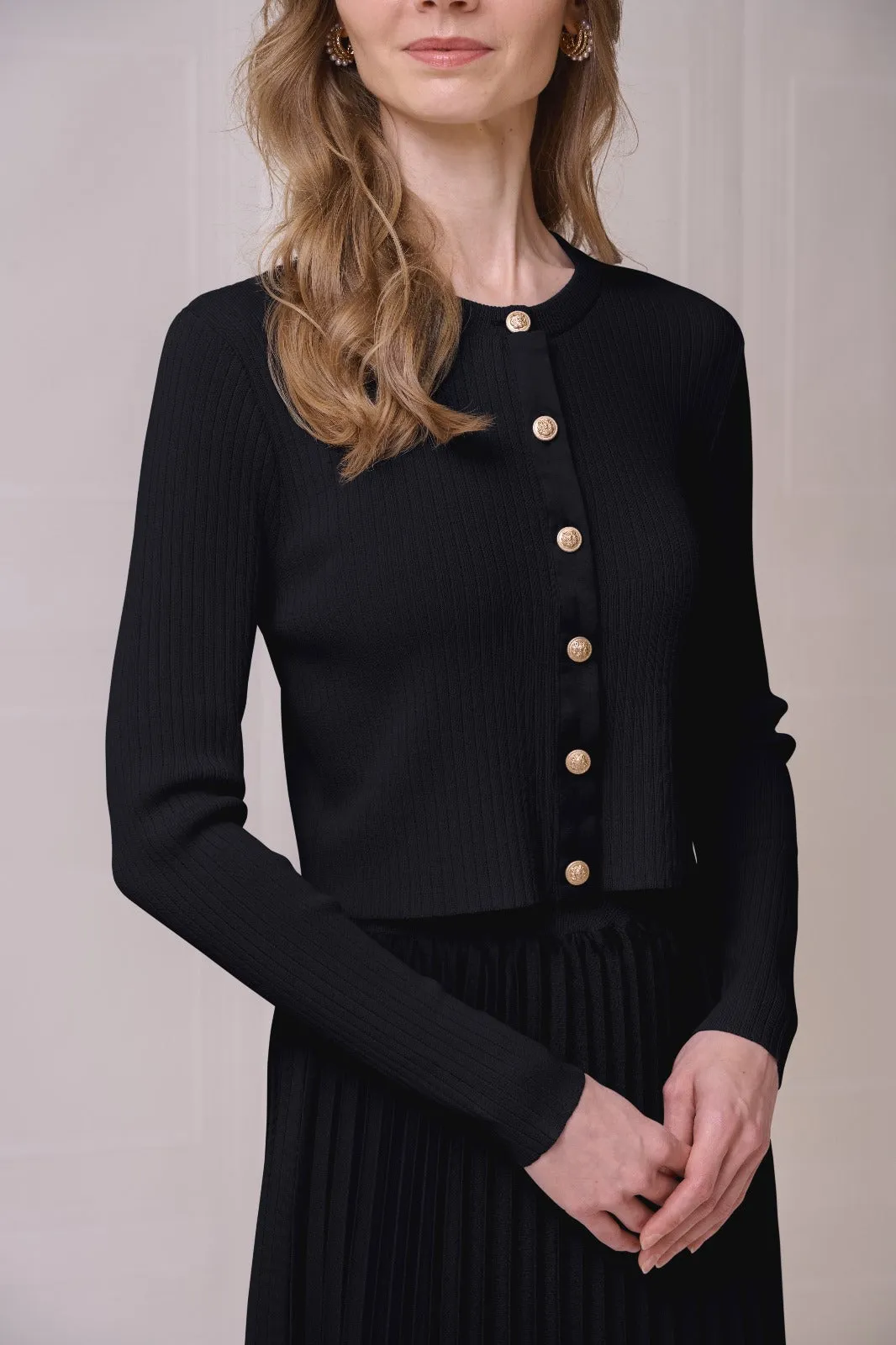 ROP-RPS2517 BLACK RIBBED SATIN PLACKET CARDIGAN