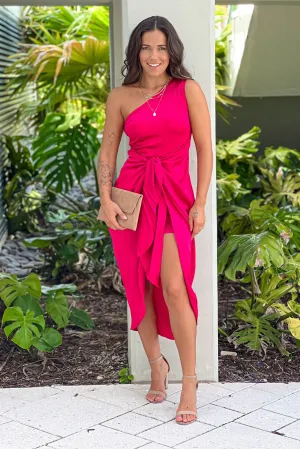 Rose Pink One Shoulder Midi Dress