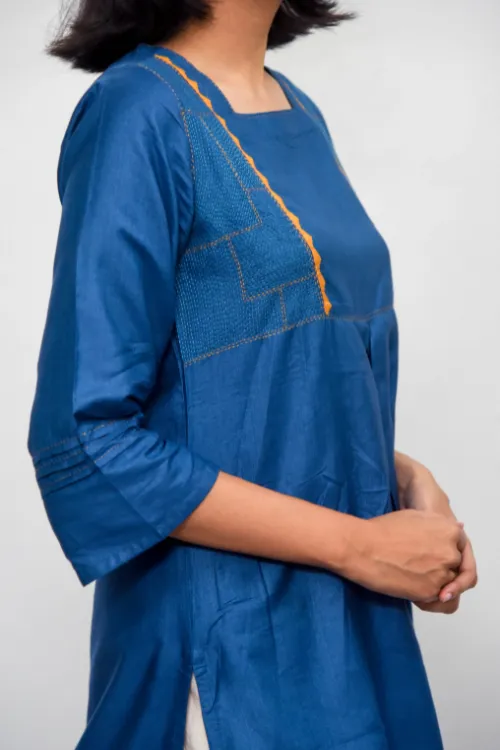 Sadhna 'Aabh' Teal Applique And Tanka Work  Cotton Silk Kurta