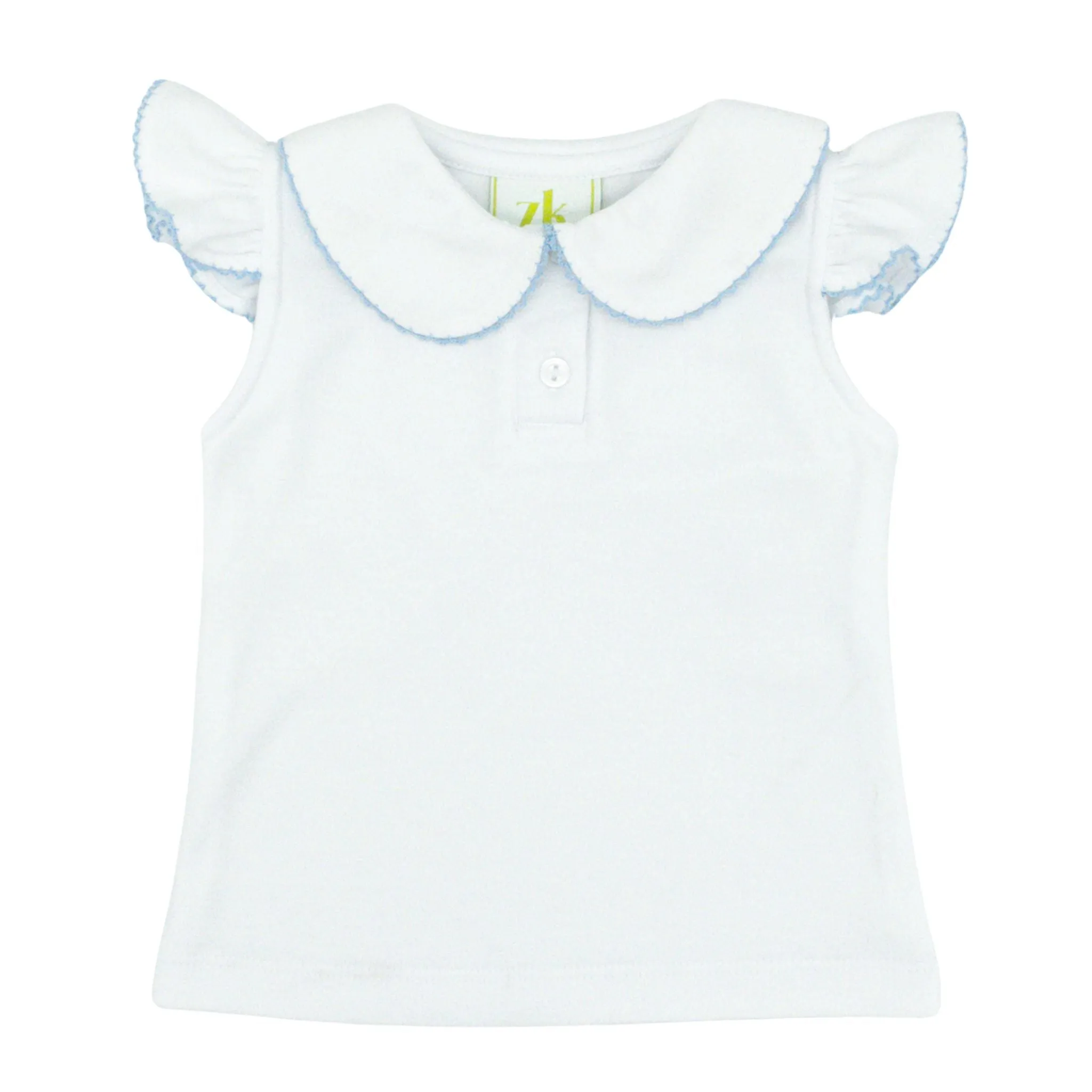 Sophie Polo Blouse with Pique Trim - White with Light Blue