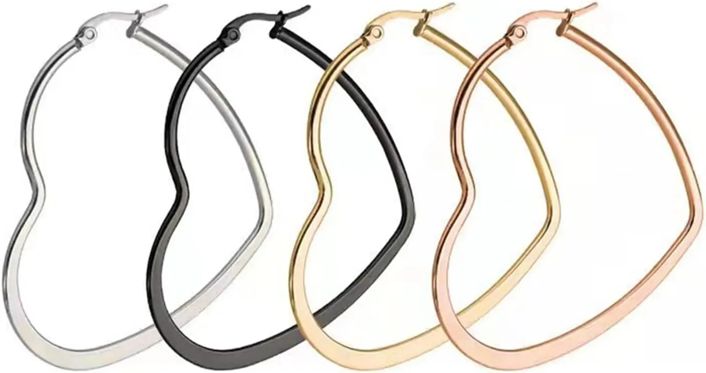 Stainless Steel Heart Hoop Earrings for Women Hypoallergenic Gold Silver Black Plated Large Simple Hollow Love Shape Metal Wire Huggie Hoop Earrings for Her Wife Mom Daughter Sister Friend Jewelry Gifts
