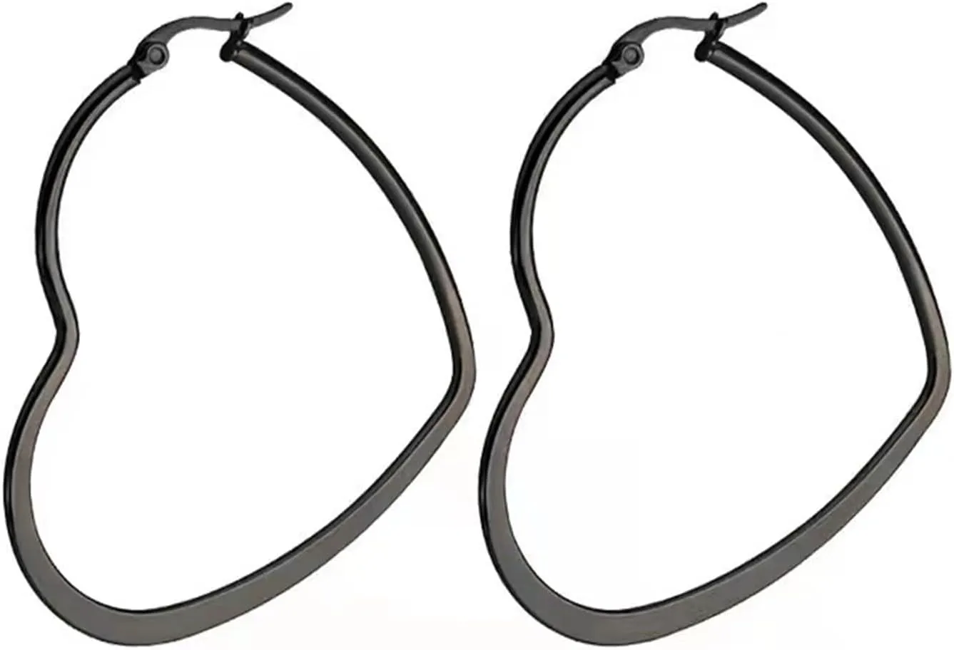 Stainless Steel Heart Hoop Earrings for Women Hypoallergenic Gold Silver Black Plated Large Simple Hollow Love Shape Metal Wire Huggie Hoop Earrings for Her Wife Mom Daughter Sister Friend Jewelry Gifts