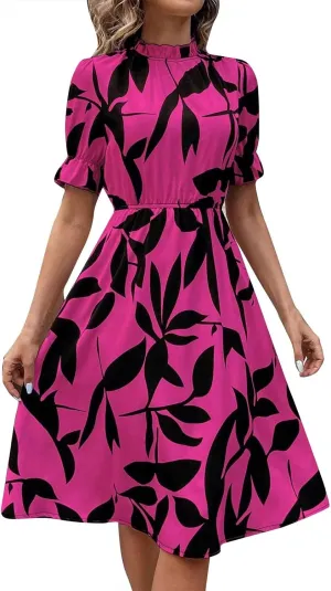 Summer Dresses for Women 2025 Vacation Crewneck Short Sleeve Floral Midi Dress Casual Flowy Boho Summer Beach Dress