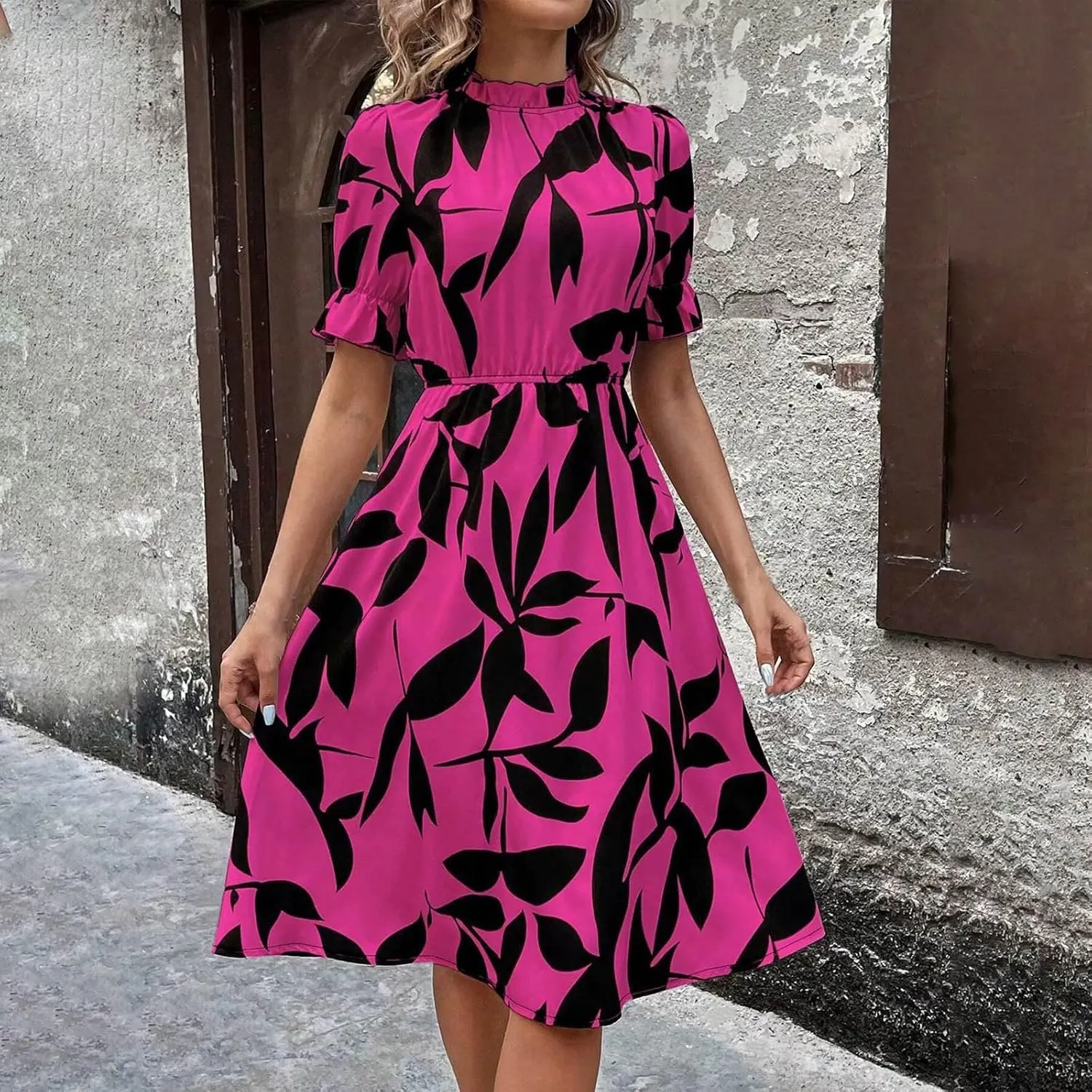 Summer Dresses for Women 2025 Vacation Crewneck Short Sleeve Floral Midi Dress Casual Flowy Boho Summer Beach Dress