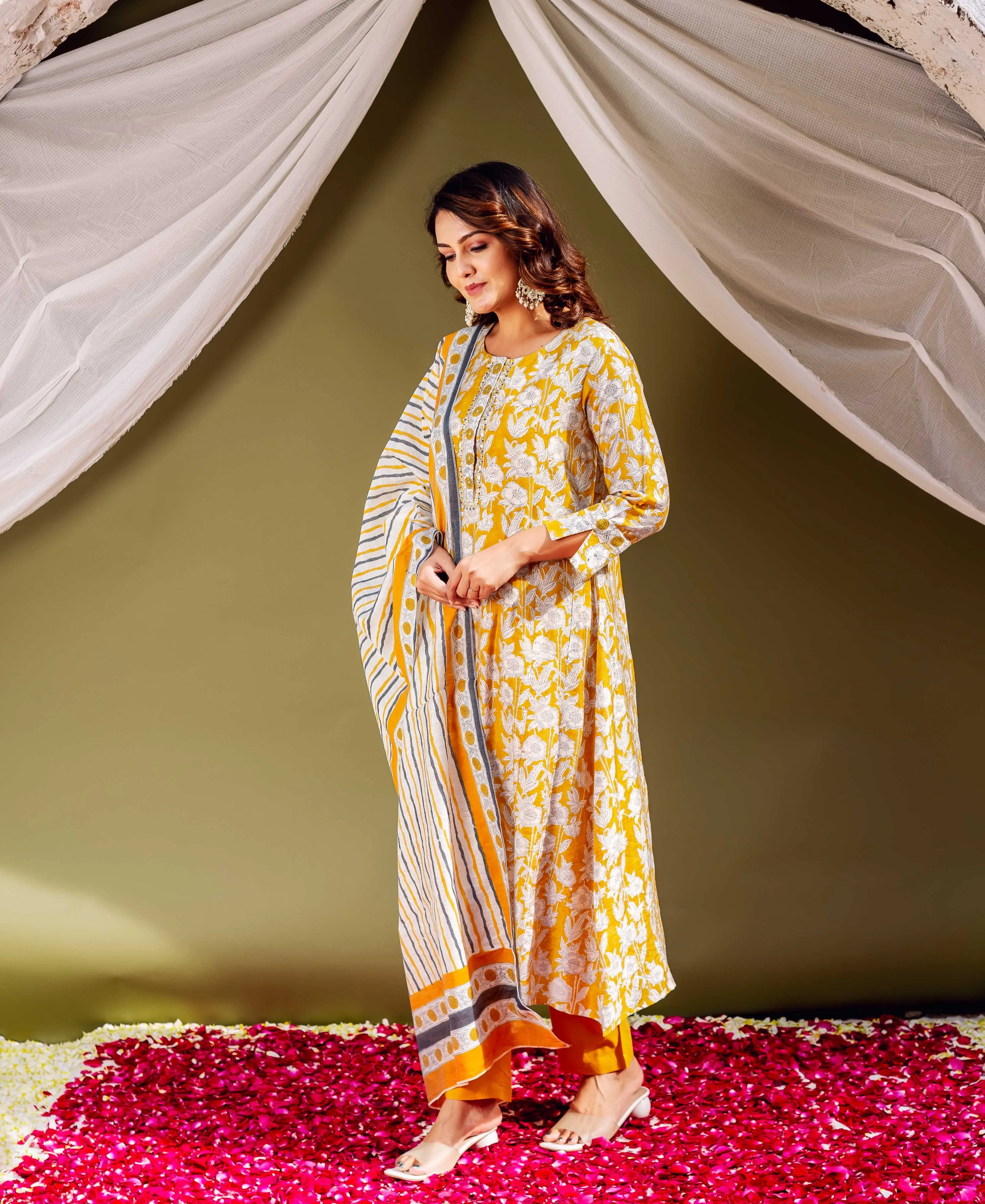 Sunlit Mustard Chanderi Block Printed Kurta