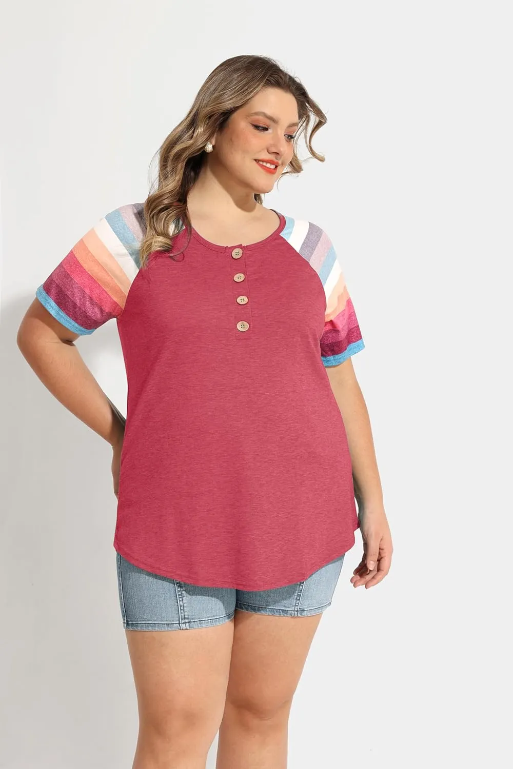 TIYOMI Plus Size Henley Tops Short Sleeve Shirts for Women Summer Tunics XL-5XL