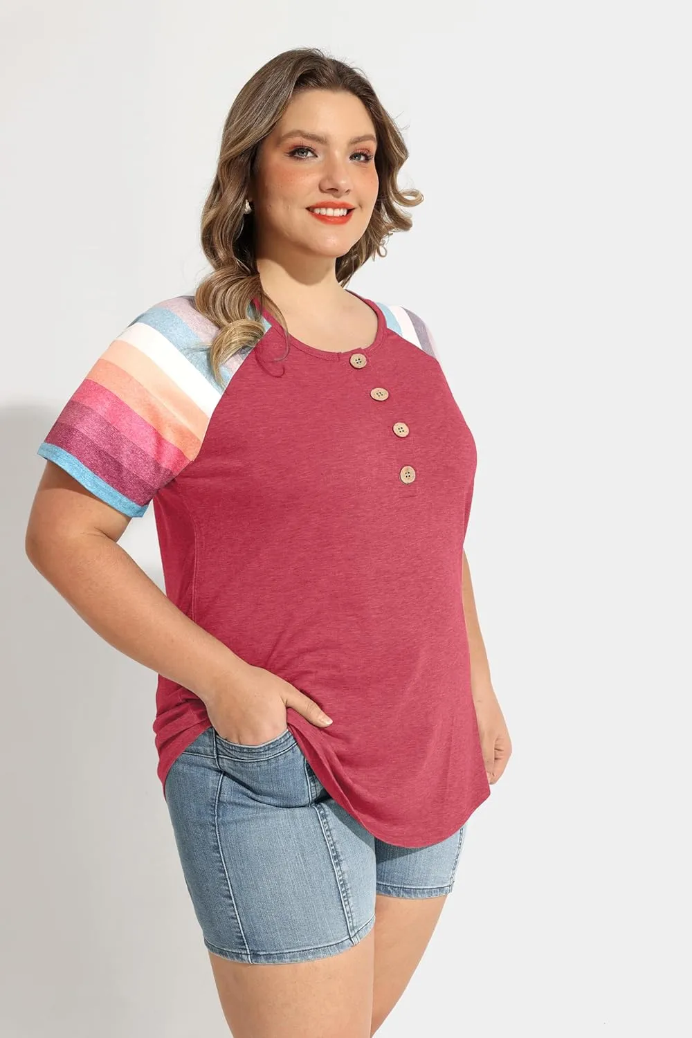 TIYOMI Plus Size Henley Tops Short Sleeve Shirts for Women Summer Tunics XL-5XL