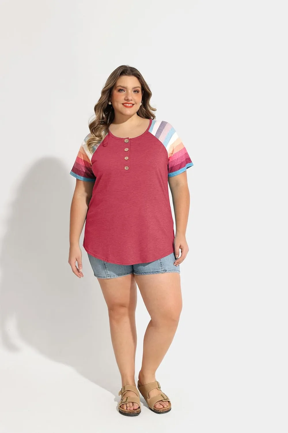 TIYOMI Plus Size Henley Tops Short Sleeve Shirts for Women Summer Tunics XL-5XL