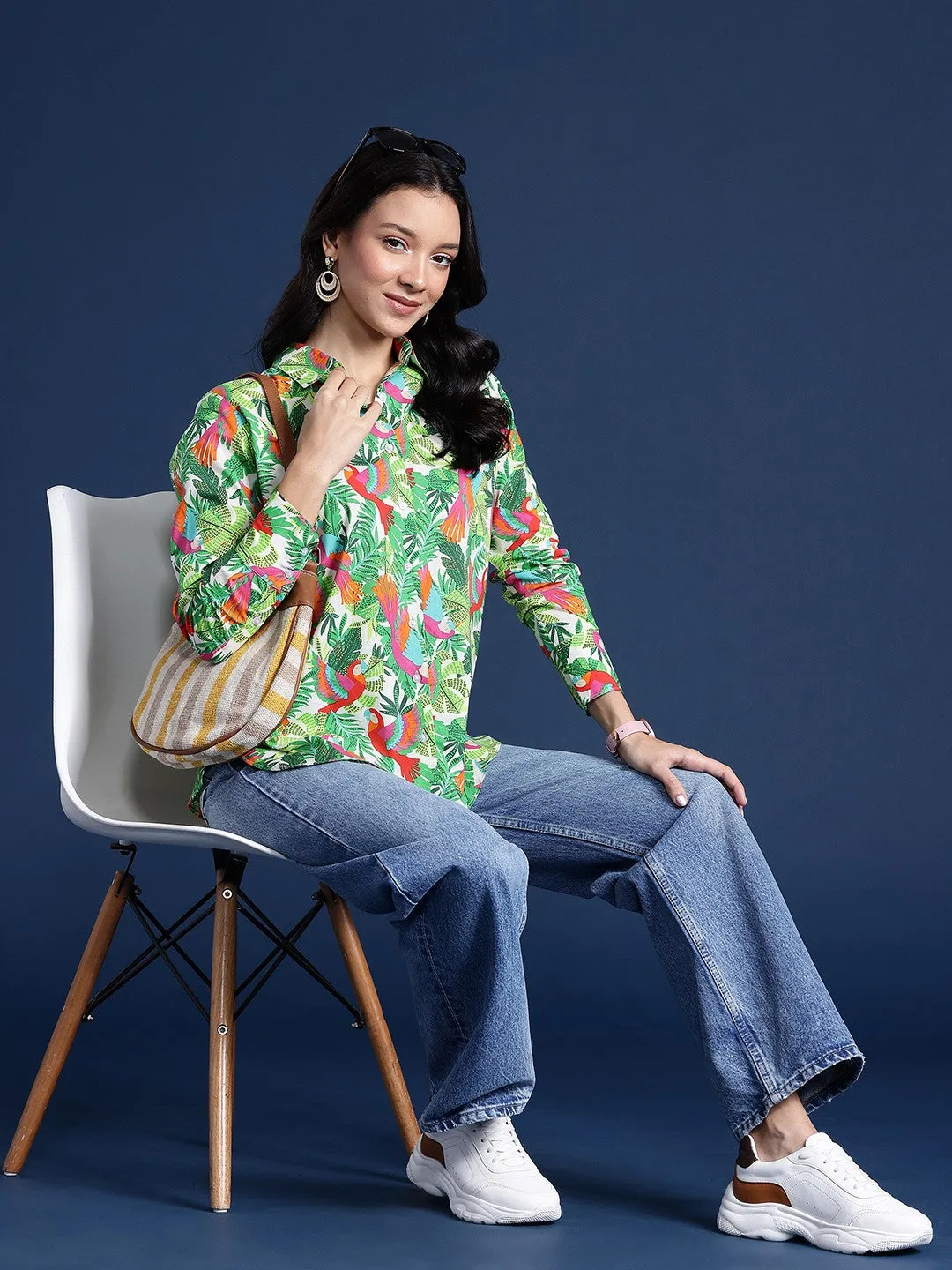 Women Beige & Green Floral Print Pure Cotton Boyfriend Fit Casual Shirt