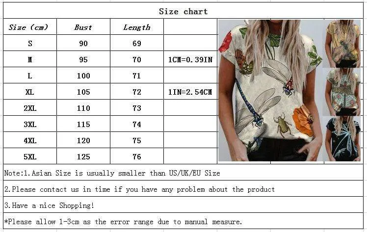 Women Casual Summer Dargonfly Print Tshirts Boho Clothes