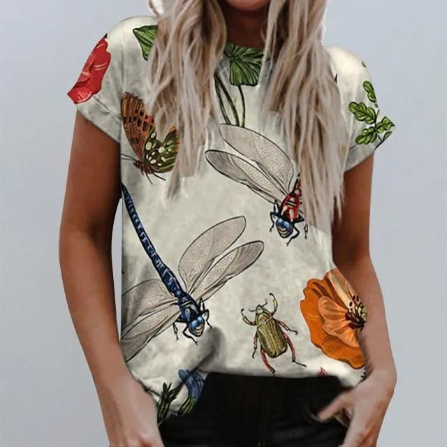 Women Casual Summer Dargonfly Print Tshirts Boho Clothes