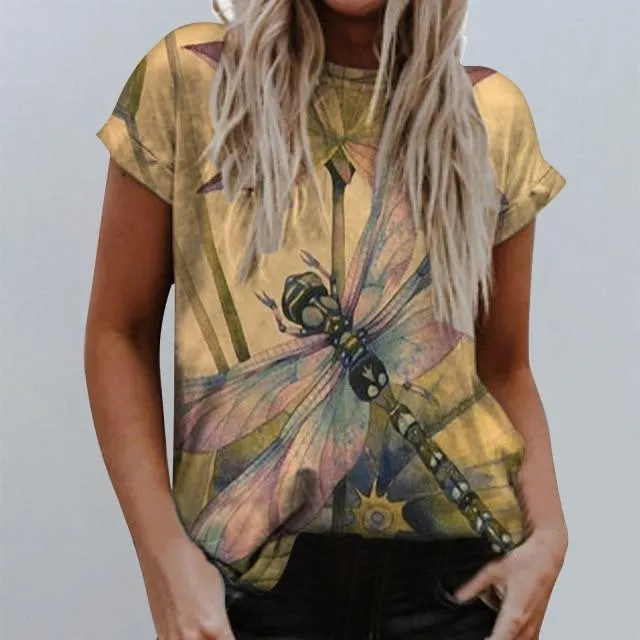 Women Casual Summer Dargonfly Print Tshirts Boho Clothes