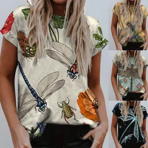 Women Casual Summer Dargonfly Print Tshirts Boho Clothes