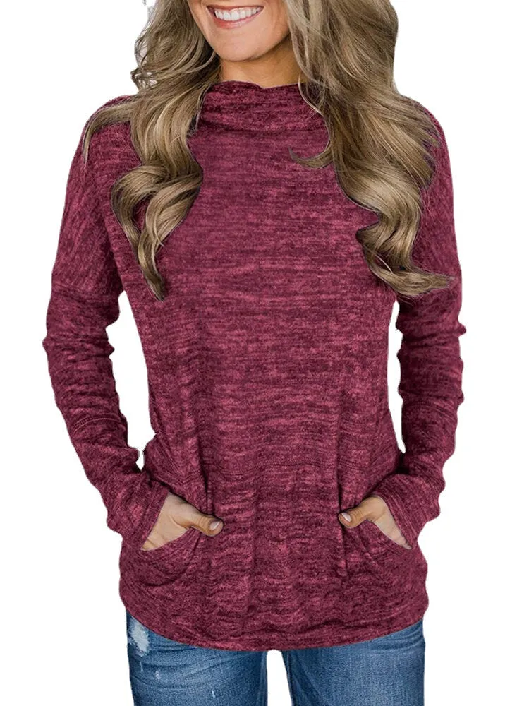 Women Knit High Neck Long Sleeve Casual Pullover Sweaters With Pocket