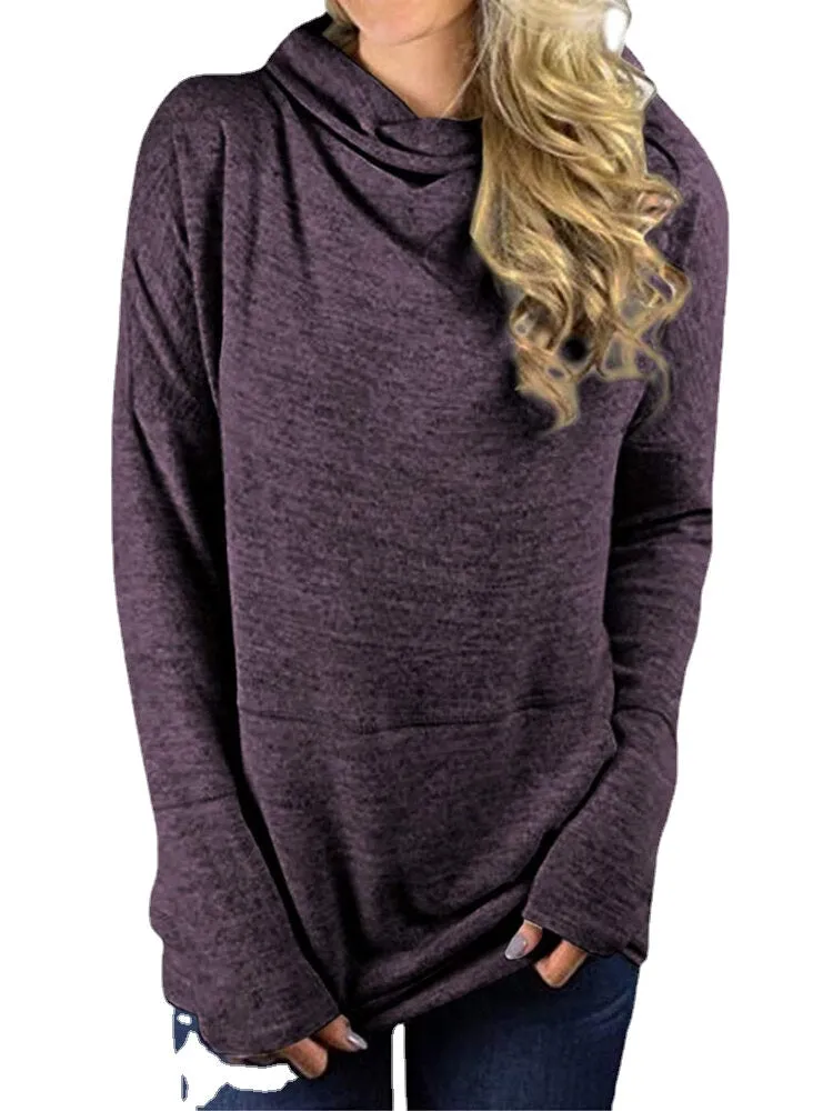 Women Knit High Neck Long Sleeve Casual Pullover Sweaters With Pocket