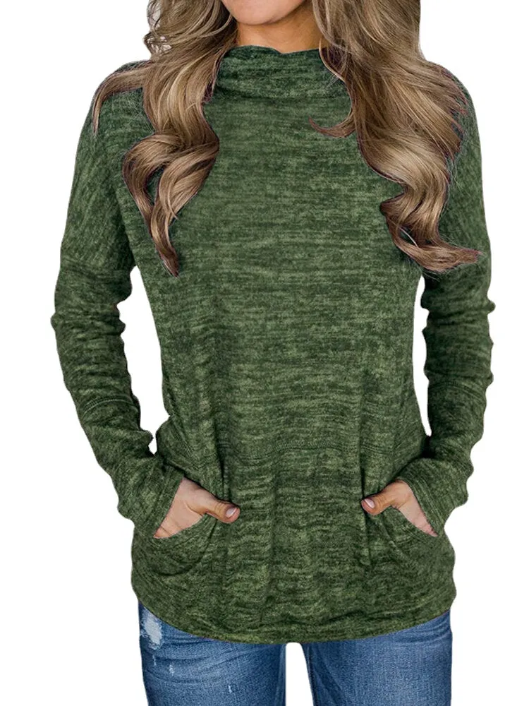 Women Knit High Neck Long Sleeve Casual Pullover Sweaters With Pocket
