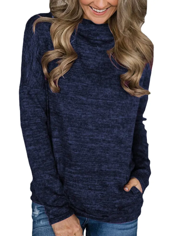 Women Knit High Neck Long Sleeve Casual Pullover Sweaters With Pocket