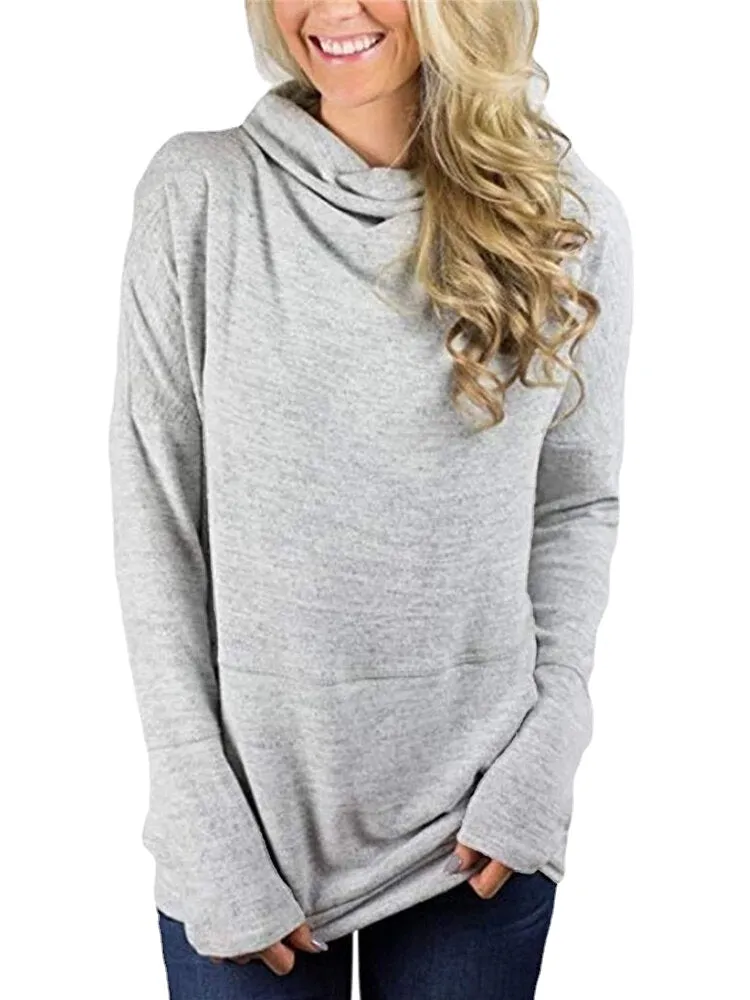 Women Knit High Neck Long Sleeve Casual Pullover Sweaters With Pocket