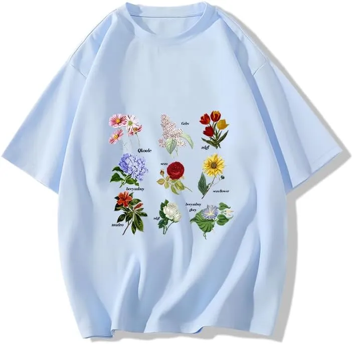 Women Vintage Graphic Flower Print Short Sleeve T Shirt Summer Casual Girls Tee Tops
