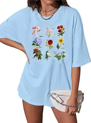 Women Vintage Graphic Flower Print Short Sleeve T Shirt Summer Casual Girls Tee Tops