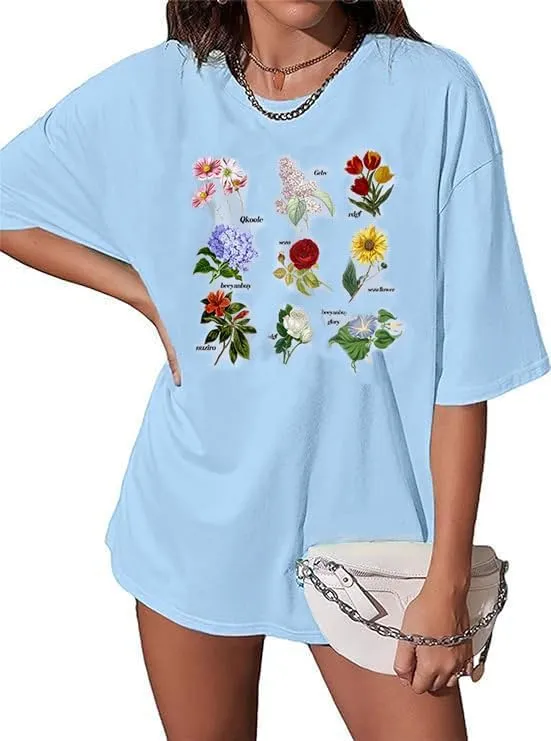 Women Vintage Graphic Flower Print Short Sleeve T Shirt Summer Casual Girls Tee Tops