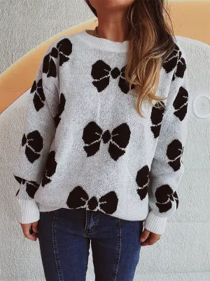 Women's Casual Bow Round Neck Sweater with Dropped Shoulder