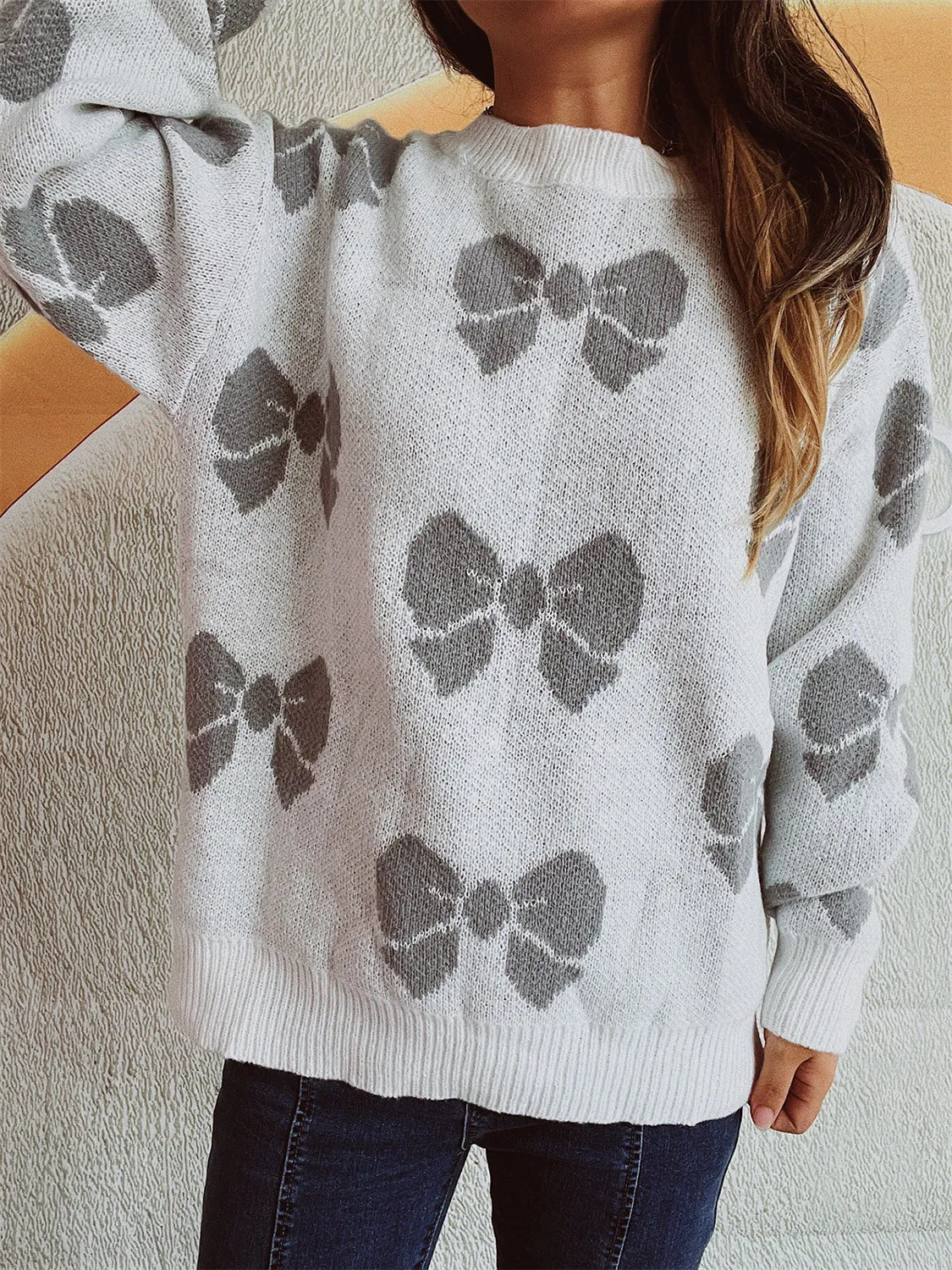Women's Casual Bow Round Neck Sweater with Dropped Shoulder