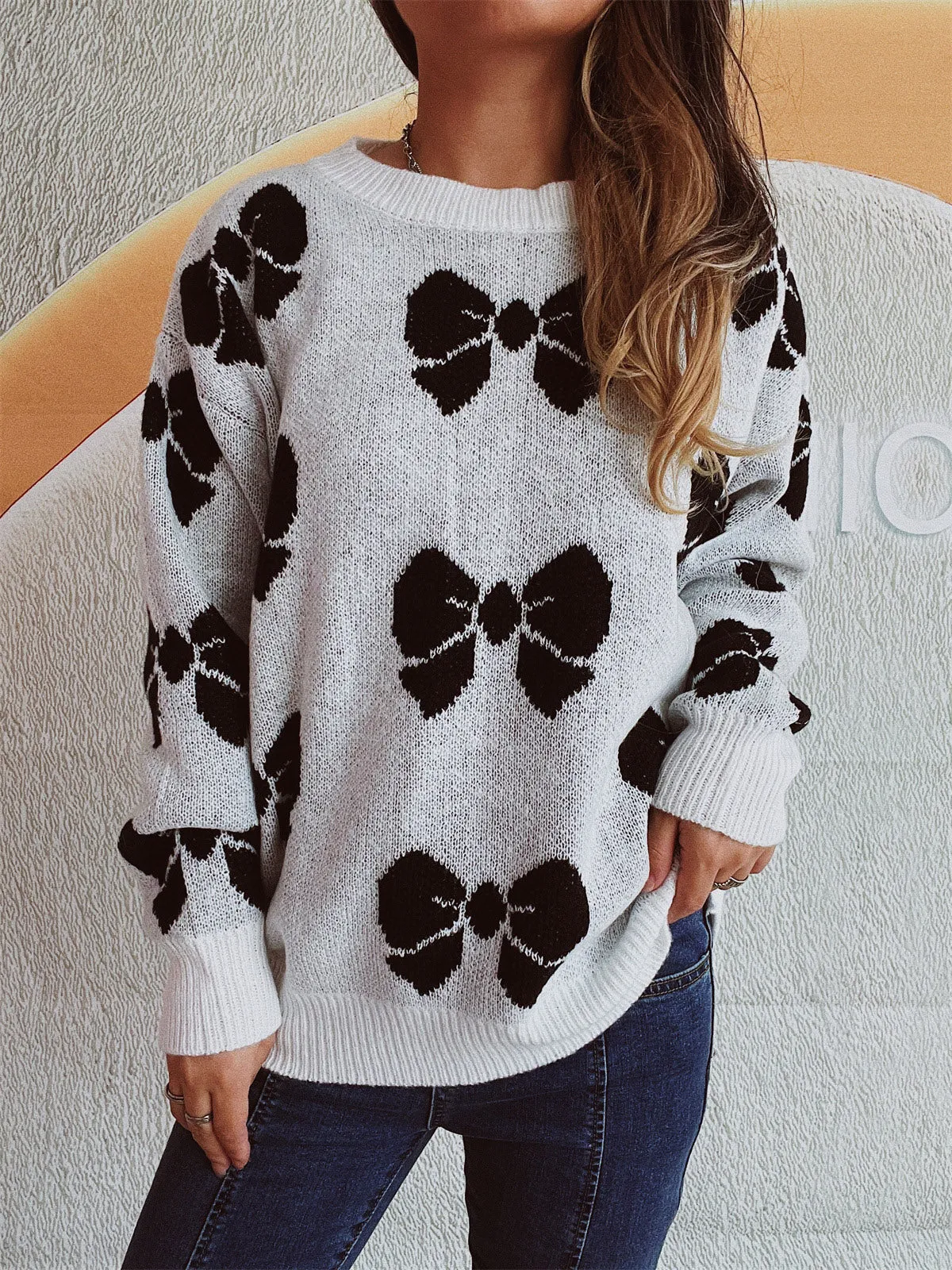 Women's Casual Bow Round Neck Sweater with Dropped Shoulder