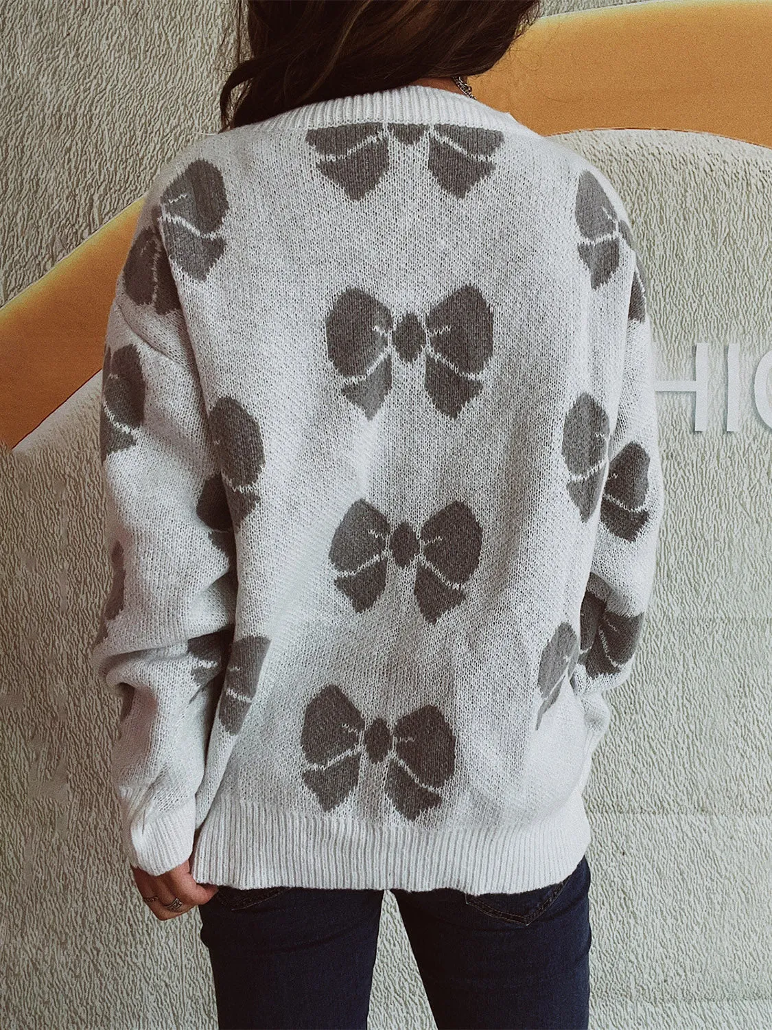 Women's Casual Bow Round Neck Sweater with Dropped Shoulder