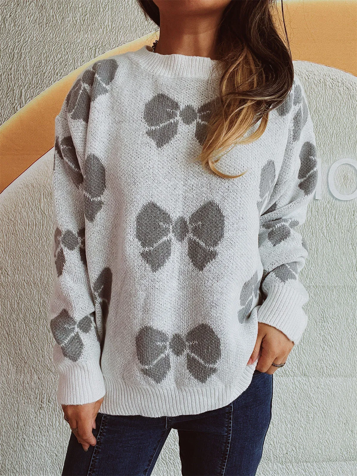 Women's Casual Bow Round Neck Sweater with Dropped Shoulder