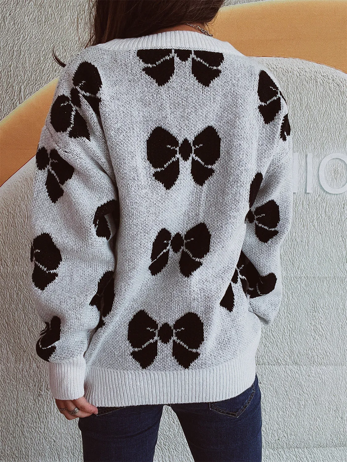 Women's Casual Bow Round Neck Sweater with Dropped Shoulder