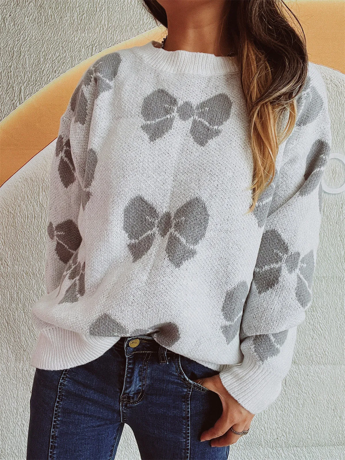 Women's Casual Bow Round Neck Sweater with Dropped Shoulder