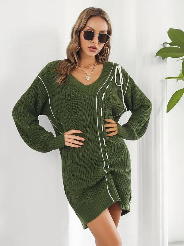 Women's Dropped Sleeves Drawstring V-Neck Sweater Dress