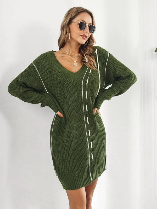 Women's Dropped Sleeves Drawstring V-Neck Sweater Dress