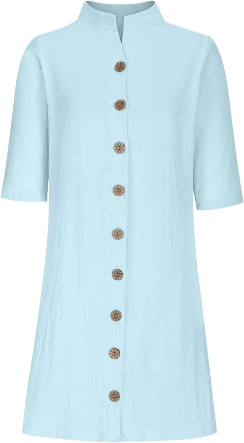 Women's Summer Shirt Dresses Loose Button Down 1/2 Sleeve Solid Color Dress 2024 Trendy Casual Lapel Midi Dresses