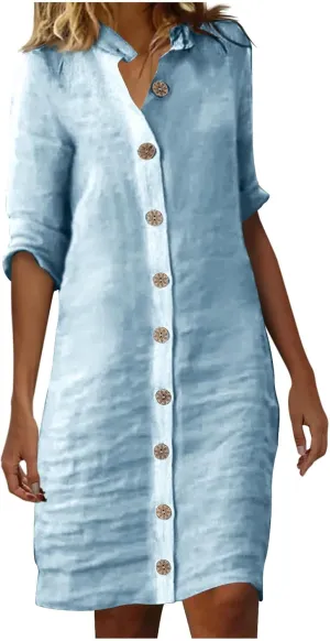 Women's Summer Shirt Dresses Loose Button Down 1/2 Sleeve Solid Color Dress 2024 Trendy Casual Lapel Midi Dresses