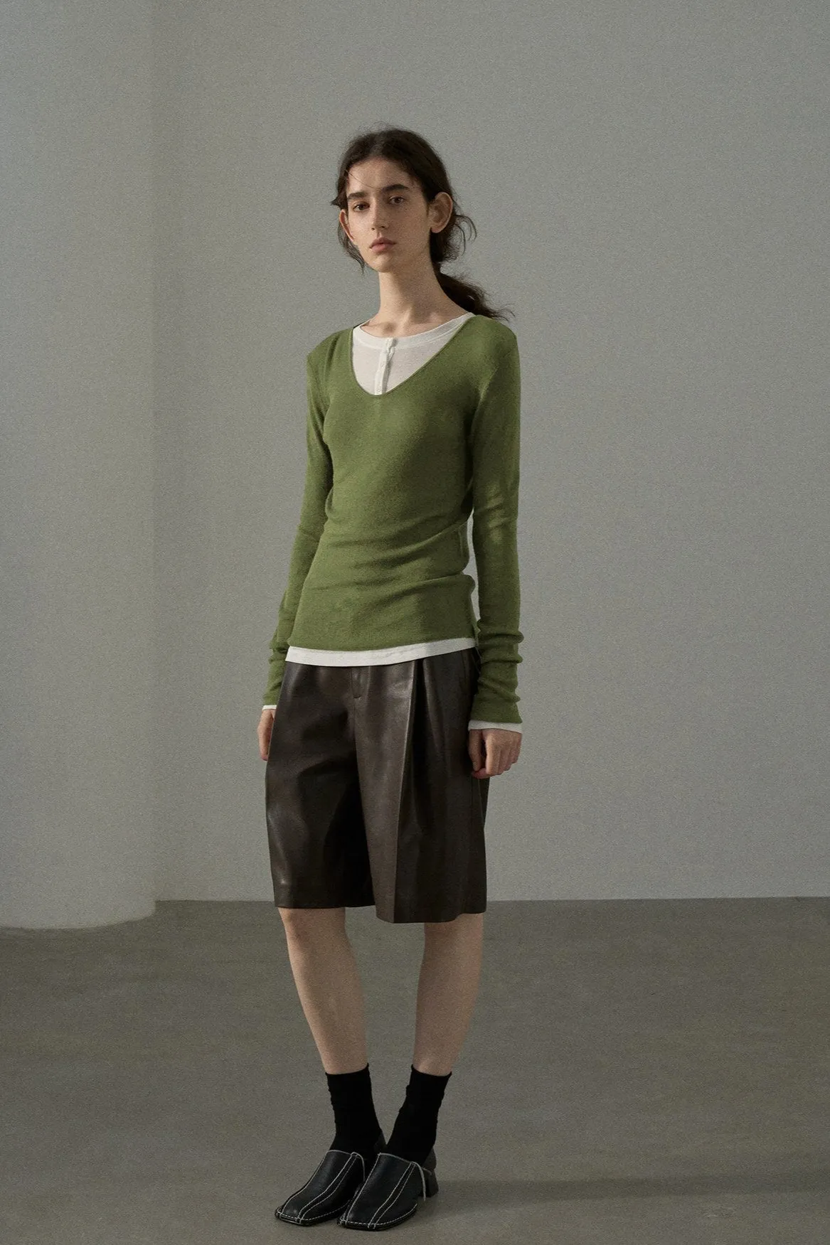 Wool containing V-neck basic knitwear | 7 color