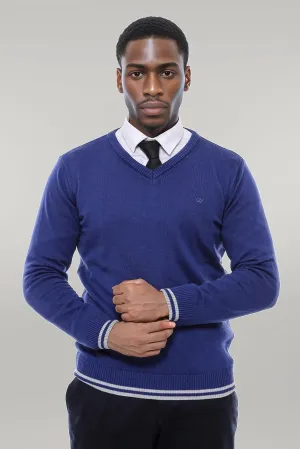 WSS Dark Blue V Neck Slim Fit Sweater  - Singen