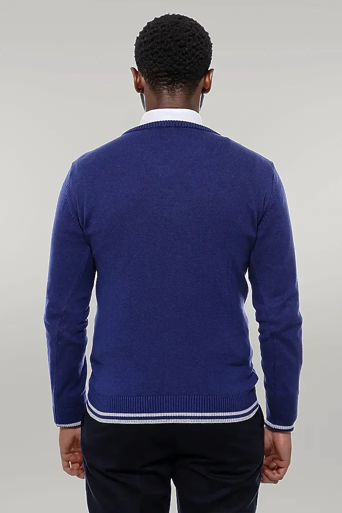 WSS Dark Blue V Neck Slim Fit Sweater  - Singen