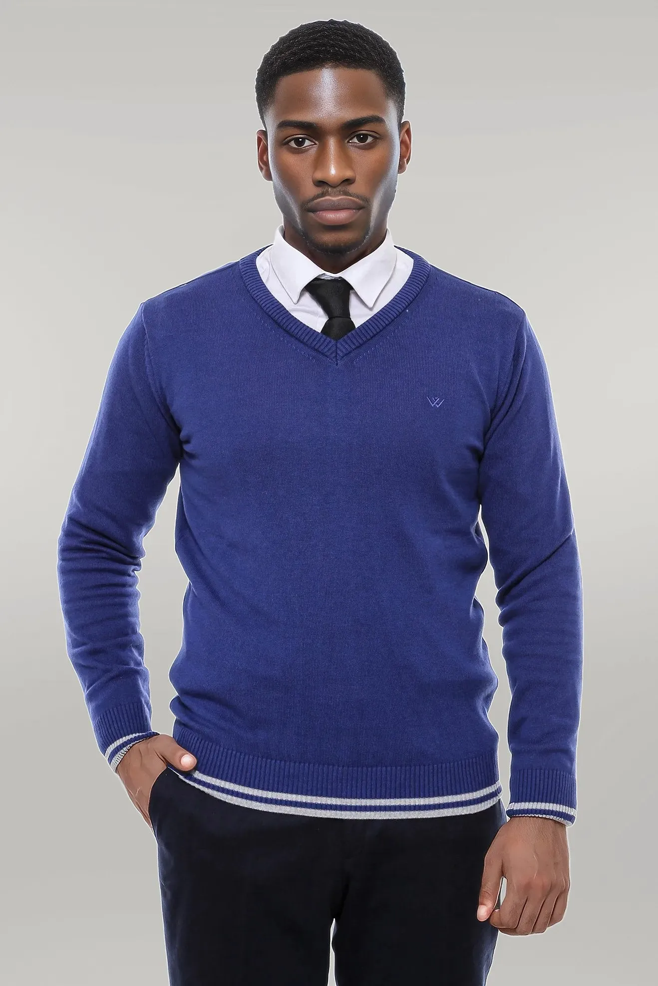 WSS Dark Blue V Neck Slim Fit Sweater  - Singen